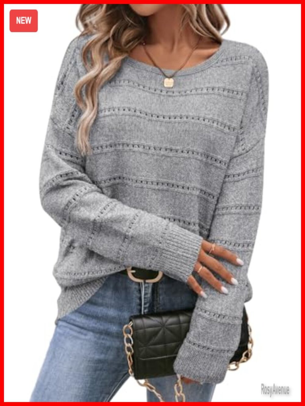 Women's Crewneck Hollow Out Knit Sweater Long Sleeve Lightweight Pullover